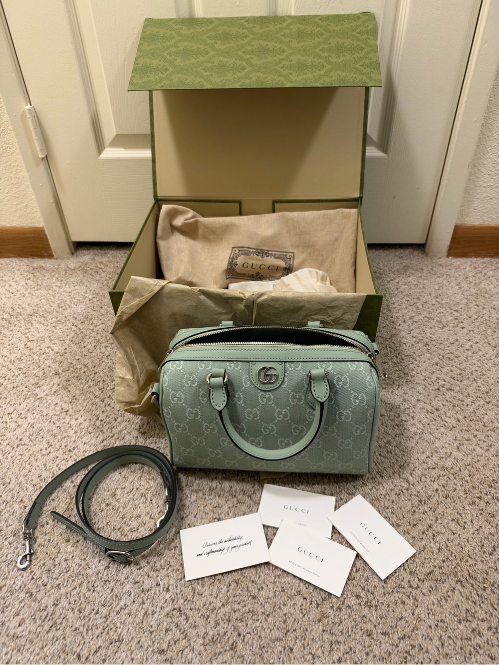 Gucci Mint Green GG Supreme Mini Crossbody Satchel